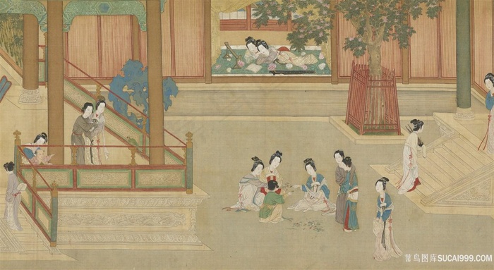 第六幅汉宫春晓图女子戏耍绘画图片