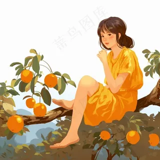 女孩少女坐着橘子树上可爱卡通插画素材背景