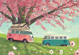 清新可爱春日郊游旅行房车粉绿蜡笔插画手绘草坪，惊蛰春分