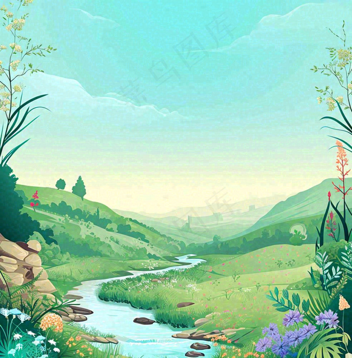 春天山脉小溪河流花丛绿植清新手绘插画，春分惊蛰(1024x1040)