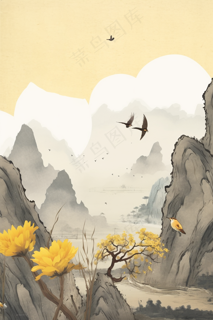 秋日山水黄花中国风重阳插画背景