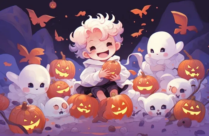 万圣节可爱搞怪小孩幽灵卡通插画素材(1344x880)