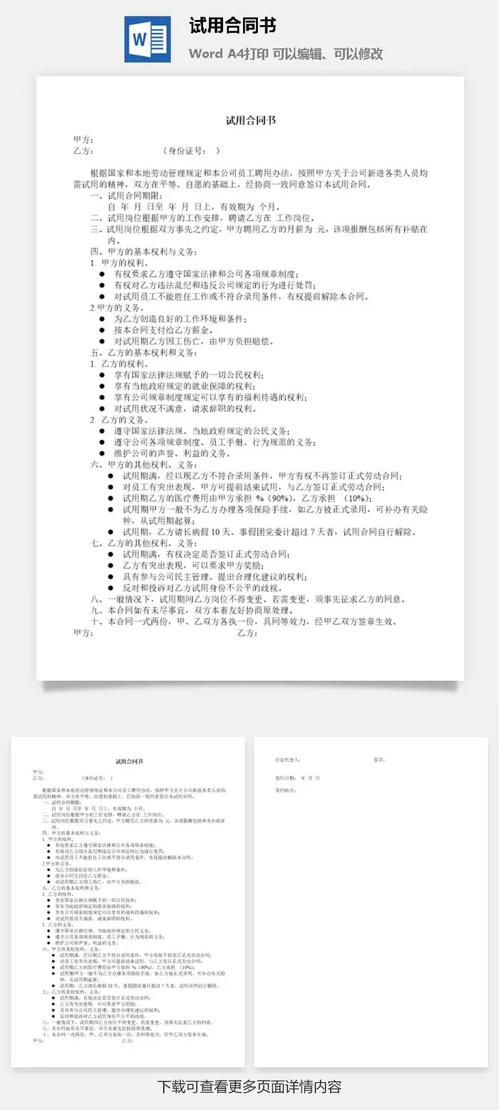 公司试用合同书word模板