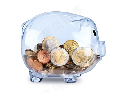 透明小猪存钱罐里的钱币高清图片