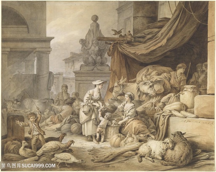 建筑复古人群装饰画挂画手绘插画