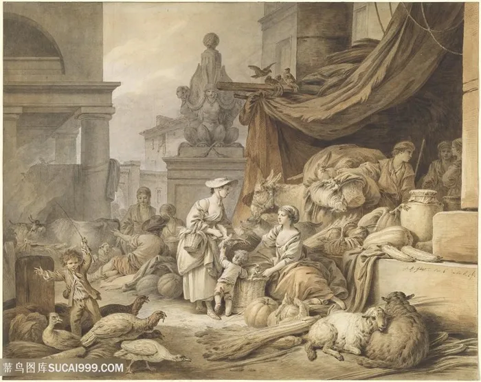 建筑复古人群装饰画挂画手绘插画