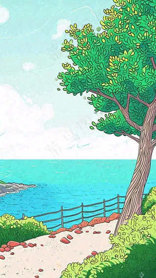 海边沙滩玩耍旅行夏日假期游玩手绘插画，可爱清新，夏至小暑大暑