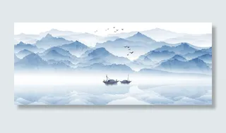 蓝天湖水渔船风光绘画PSD素材