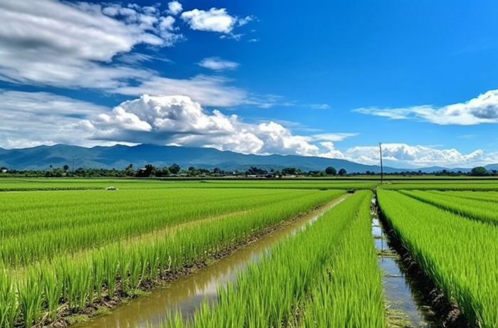 背景是蓝天的绿色稻田插秧摄影图