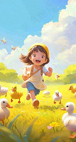 儿童节可爱鸭子奔跑，蓝天白云草地童真玩耍，清新插画