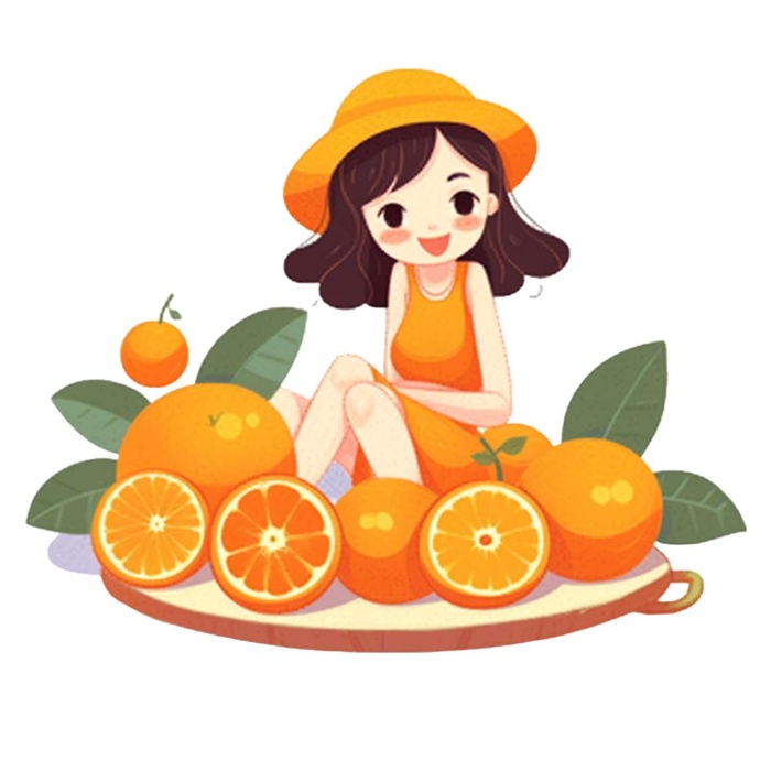 在橙子盘子里的女孩插画免抠(1024x1024)