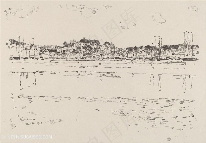 柴尔德素描简约湖畔风景画