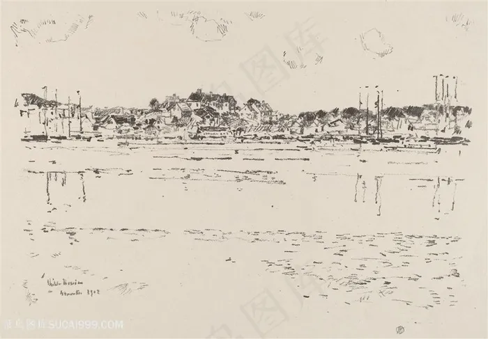 柴尔德素描简约湖畔风景画