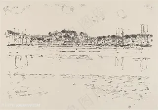 柴尔德素描简约湖畔风景画