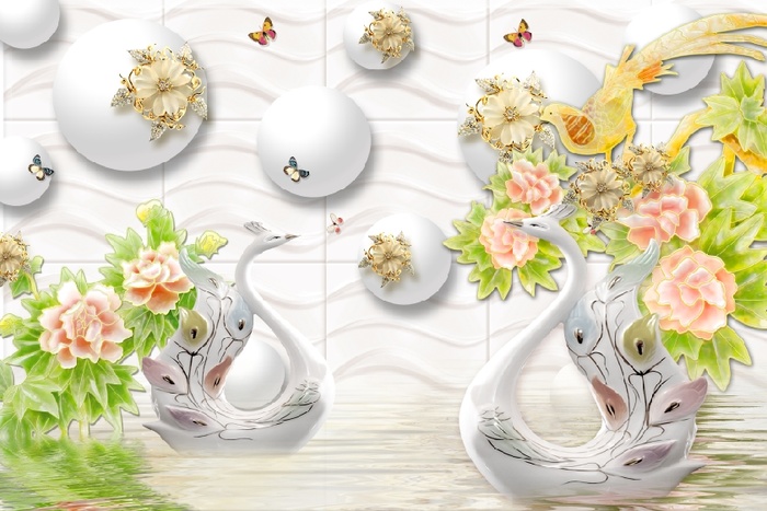 雕塑花卉天鹅背景墙