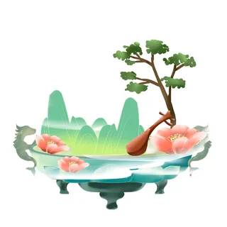 时尚微景观山水装饰庭院祥云中式国潮风插图插画元素素材设计模板