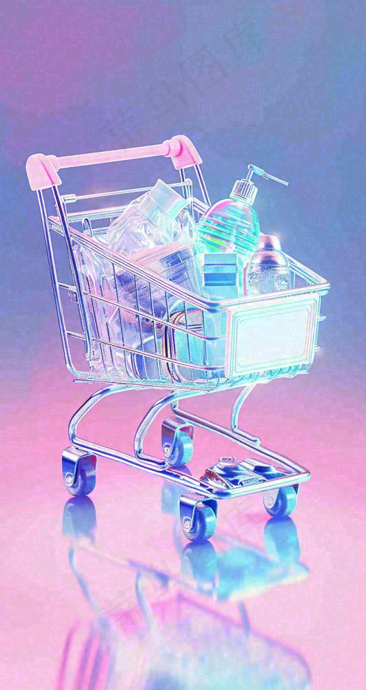 彩色奇幻渐变蓝紫粉色购物车手推车3D