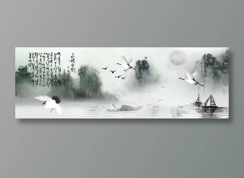 水墨画中国风山水花鸟高山流水丹顶鹤帆船客厅卧室玄关画酒店壁画装饰画