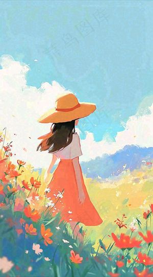 油画女孩春天踏青郊游山脉鲜花草地，春分，插画手绘