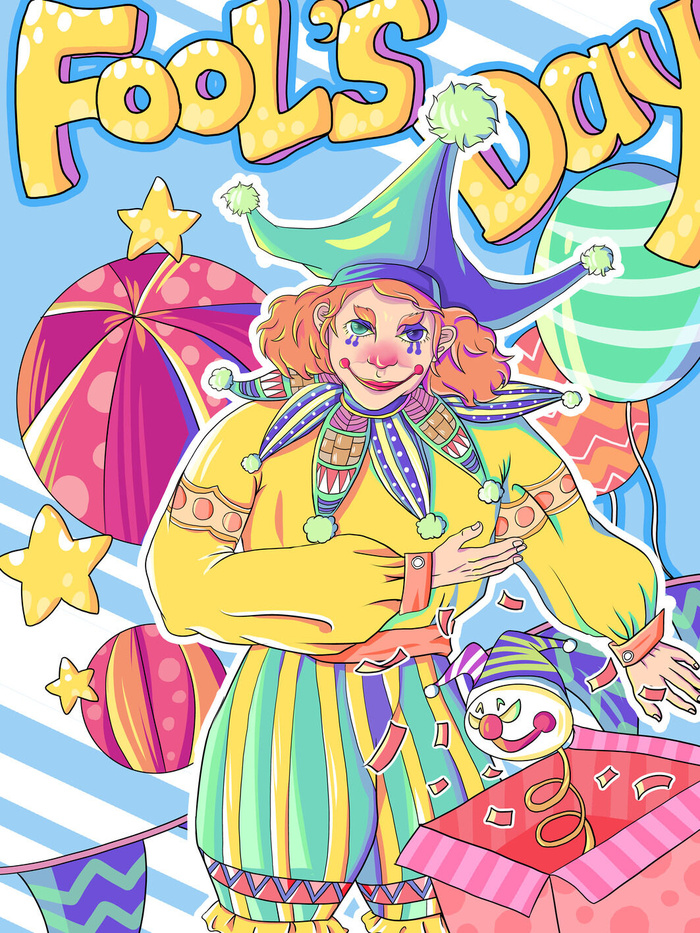 愚人节马戏团小丑搞怪搞笑卡通手绘插图插画海报PSD素材