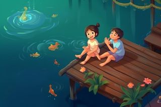 荷花池边儿童玩乐背景