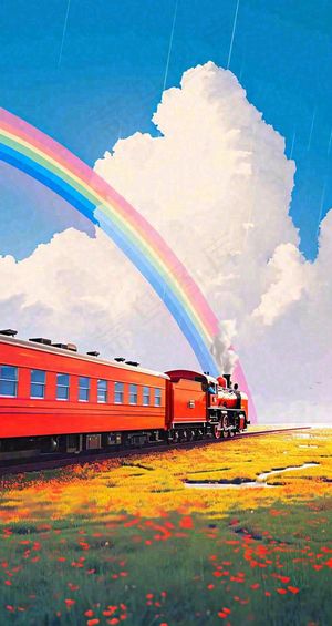 蓝天白云户外铁路草地彩虹手绘，色彩缤纷