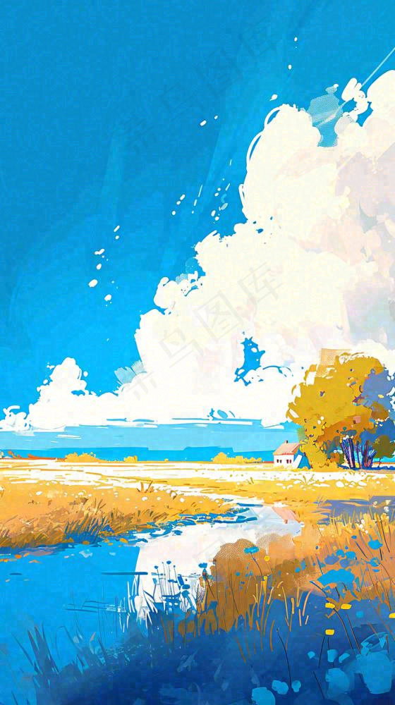 春天乡村河流倒影草地蓝天白云小屋手绘插画(816x1456)
