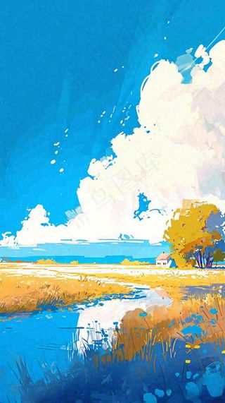 春天乡村河流倒影草地蓝天白云小屋手绘插画