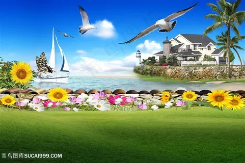 海景别墅风景画韩式自然背景 海景别墅风景画韩式自然背景