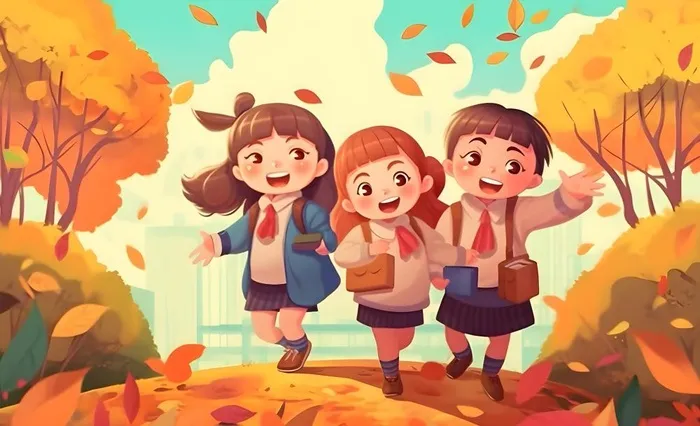 孩子们放学回家落叶欢乐卡通插画背景(3600x2193)