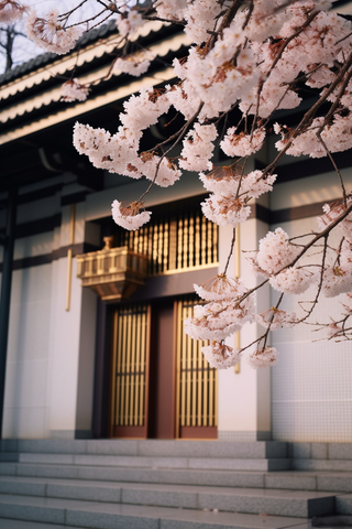 新中式房屋的门口的樱花摄影图