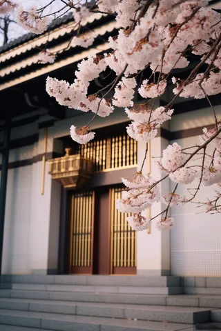 新中式房屋的门口的樱花摄影图