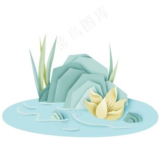 中国风 复古烟 青色 清新山水 剪纸元素 景色 PNG 免抠 素材