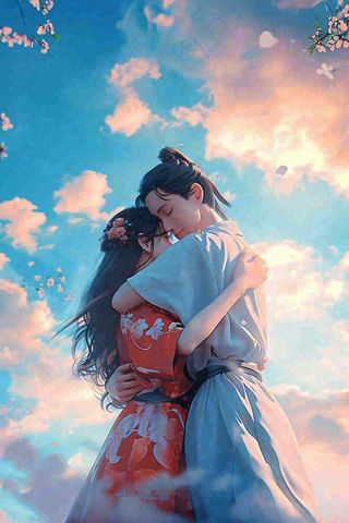 爱情情侣拥抱情人节浪漫粉色花朵，蓝天白云