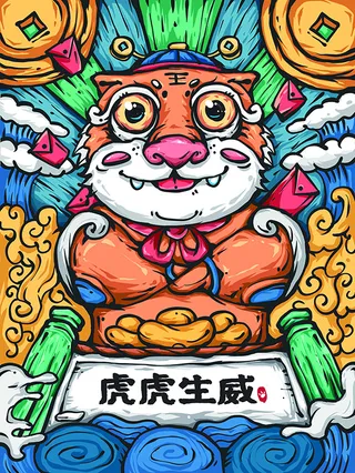 虎年新年海报展板psd模板虎年插画