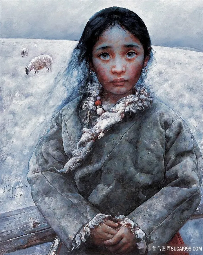 小女孩肖像风景画油画
