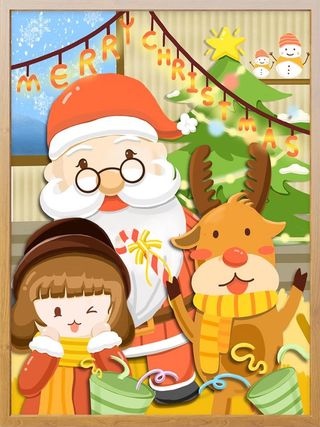 圣诞老人与麋鹿和小女孩的圣诞节插画素材