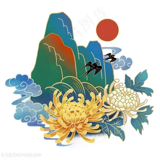 中国风菊花燕子红日山峰祥云图片