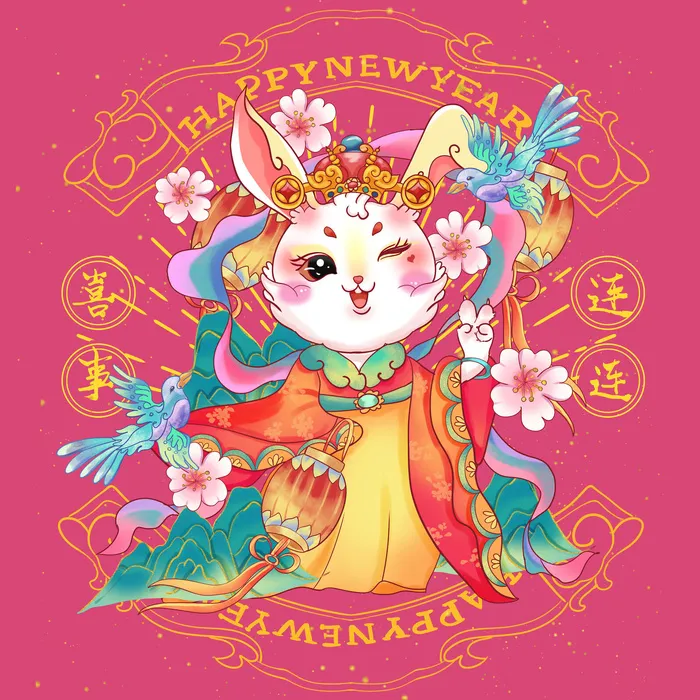 手绘2023兔年新年卡通兔子形象IP插画元素PSD设计素材png图案psd模版下载
