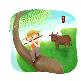 清明清明节卡通牧童在树上吹笛子