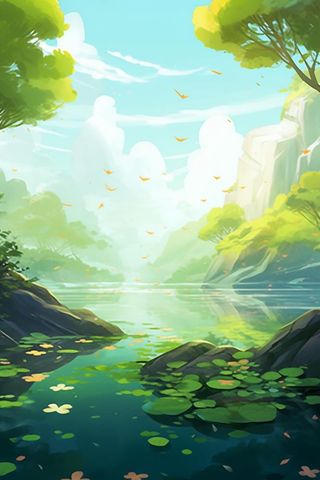 绿色荷花池温馨插画背景