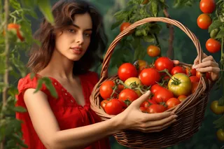 美女在菜园里采摘的一篮西红柿摄影图