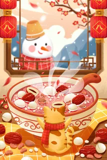 中国传统节日手绘卡通腊八节腊八粥插画海报PSD格式设计素材