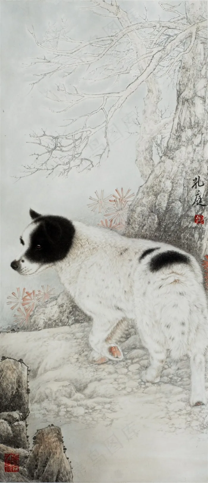 白犬走兽图工笔画