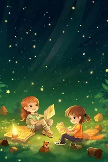 学习少年绿色草地手绘海报背景