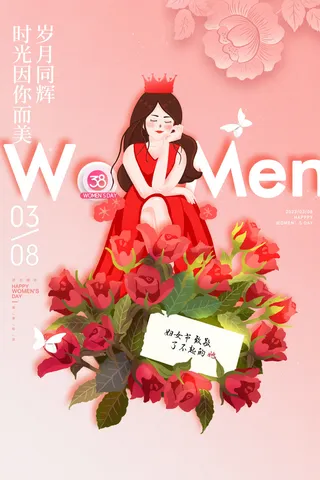 妇女节玫瑰插画女神节海报