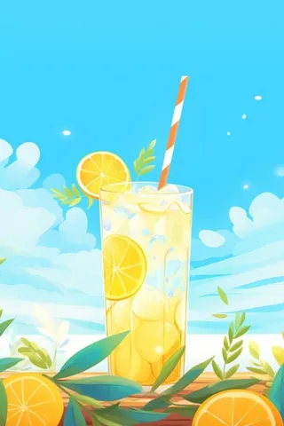 清新蓝天冰饮柠檬冰块插画背景
