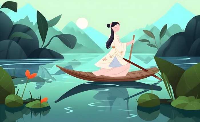 湖上划船绿色植物湖水水墨画背景