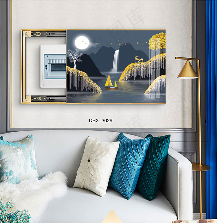 大气时尚家居室内装饰场景客厅沙发卧室床铺电表箱壁画金鹿月夜山水