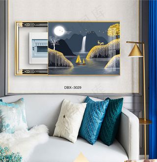 大气时尚家居室内装饰场景客厅沙发卧室床铺电表箱壁画金鹿月夜山水